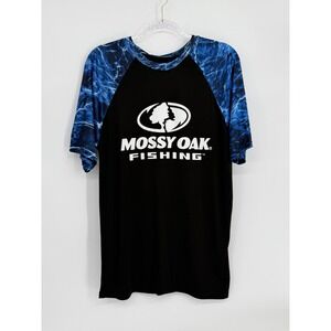 Mossy Oak Fishing Mens Black Blue Water Camo Raglan Performance T-Shirt Sz M‎